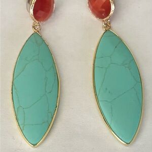 Gold Tone and Turquoise and Coral Dangle Earrings